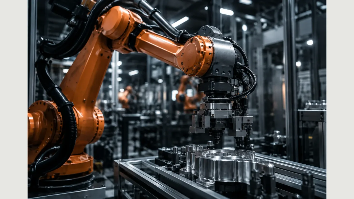 Editorial illustration of an industrial robotic arm